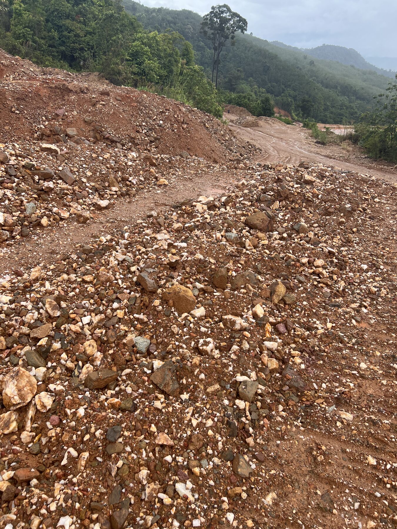 Tin ore and quartz stockpile at a Bukit Kachi exploration site in Malaysia — feed material staged ahead of further processing and assay.